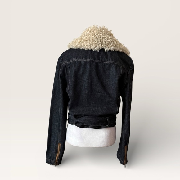 Steve Madden Dark Denim Jacket Plush Lapel Zip Sleeves Size M Timeless Mob Wife - Picture 5 of 14